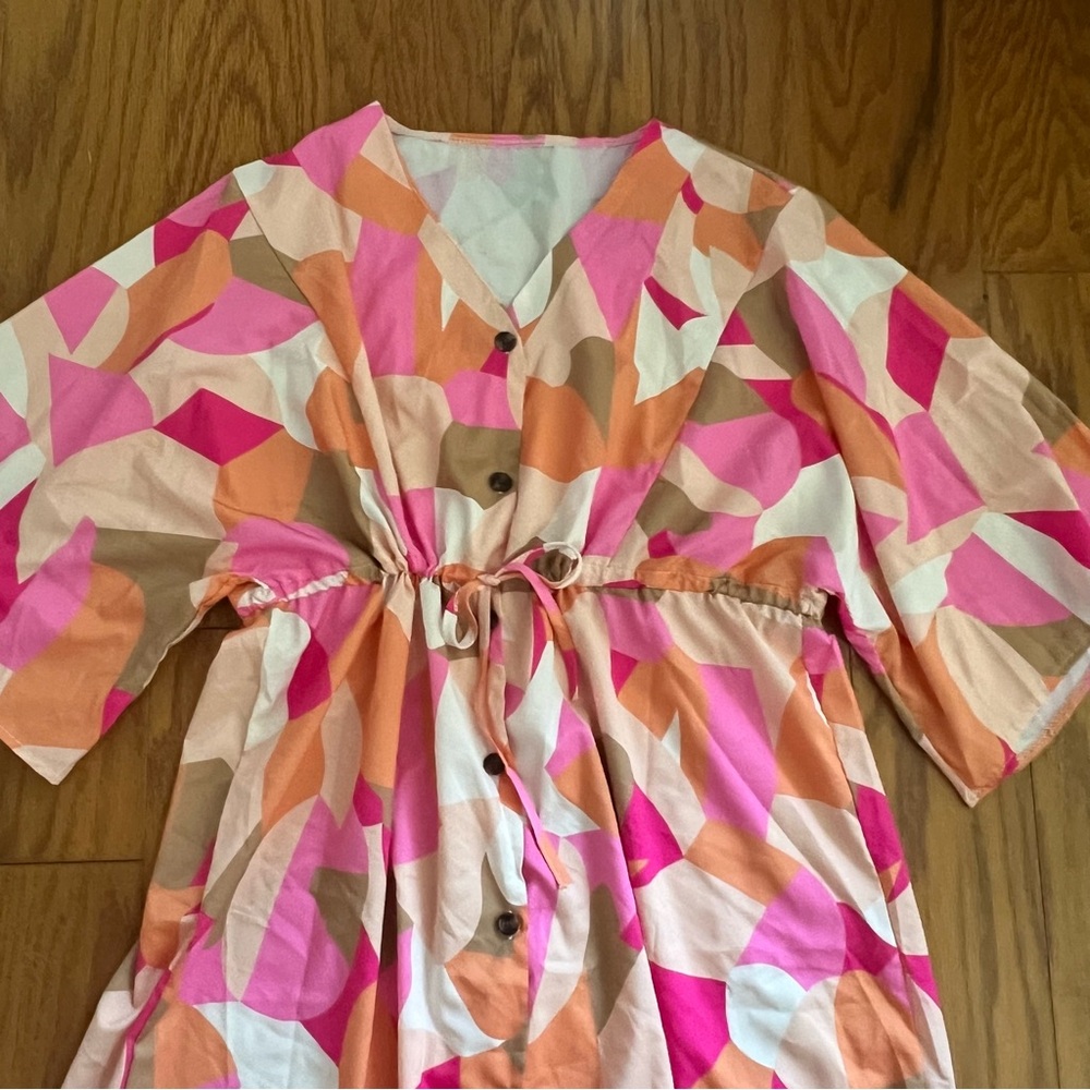 Colorful Abstract Button-Down Shirt Dress Tunic Top 3XL XXXL Multi swim cover up - Picture 4 of 10